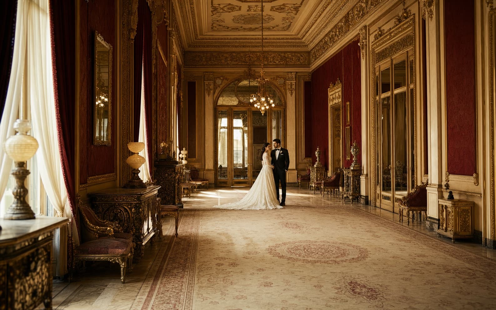 A long ceremonial salon in a historic Cairo palace