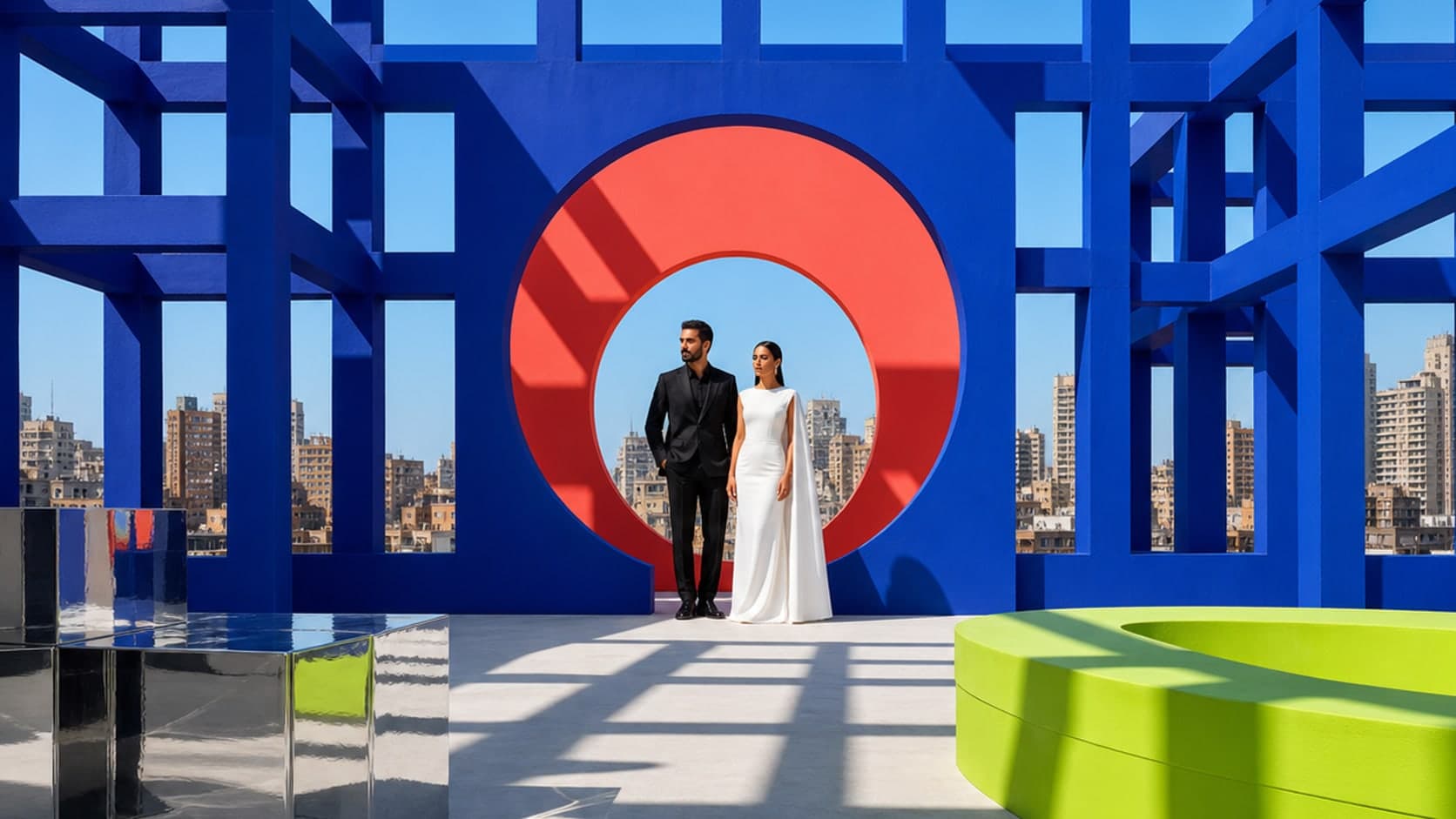 A modern Cairo rooftop portrait framed by cobalt, coral and acid-lime architecture