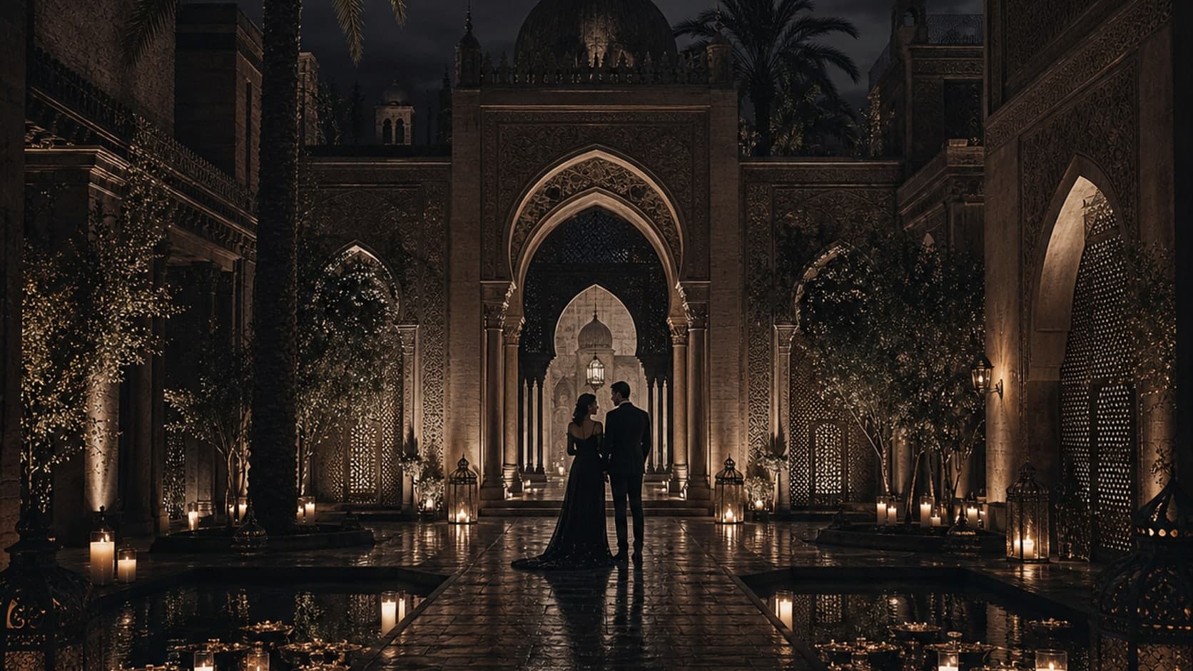 A cinematic black-tie arrival in a candlelit Cairo courtyard