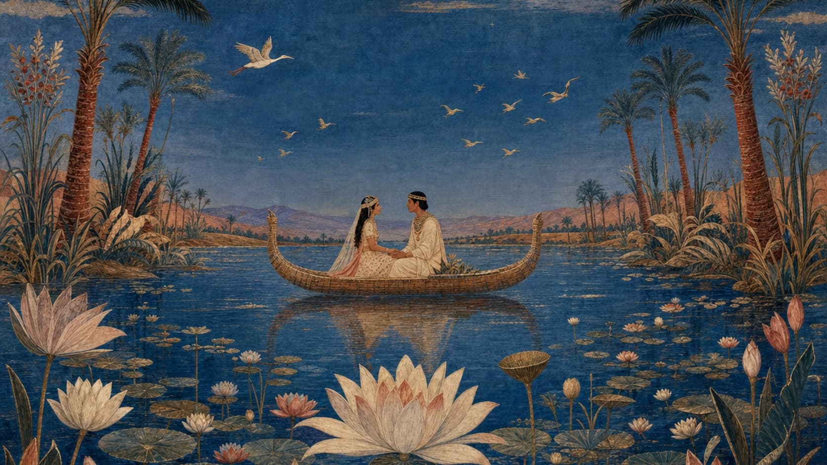 A hand-painted Egyptian lotus procession in cobalt and clay