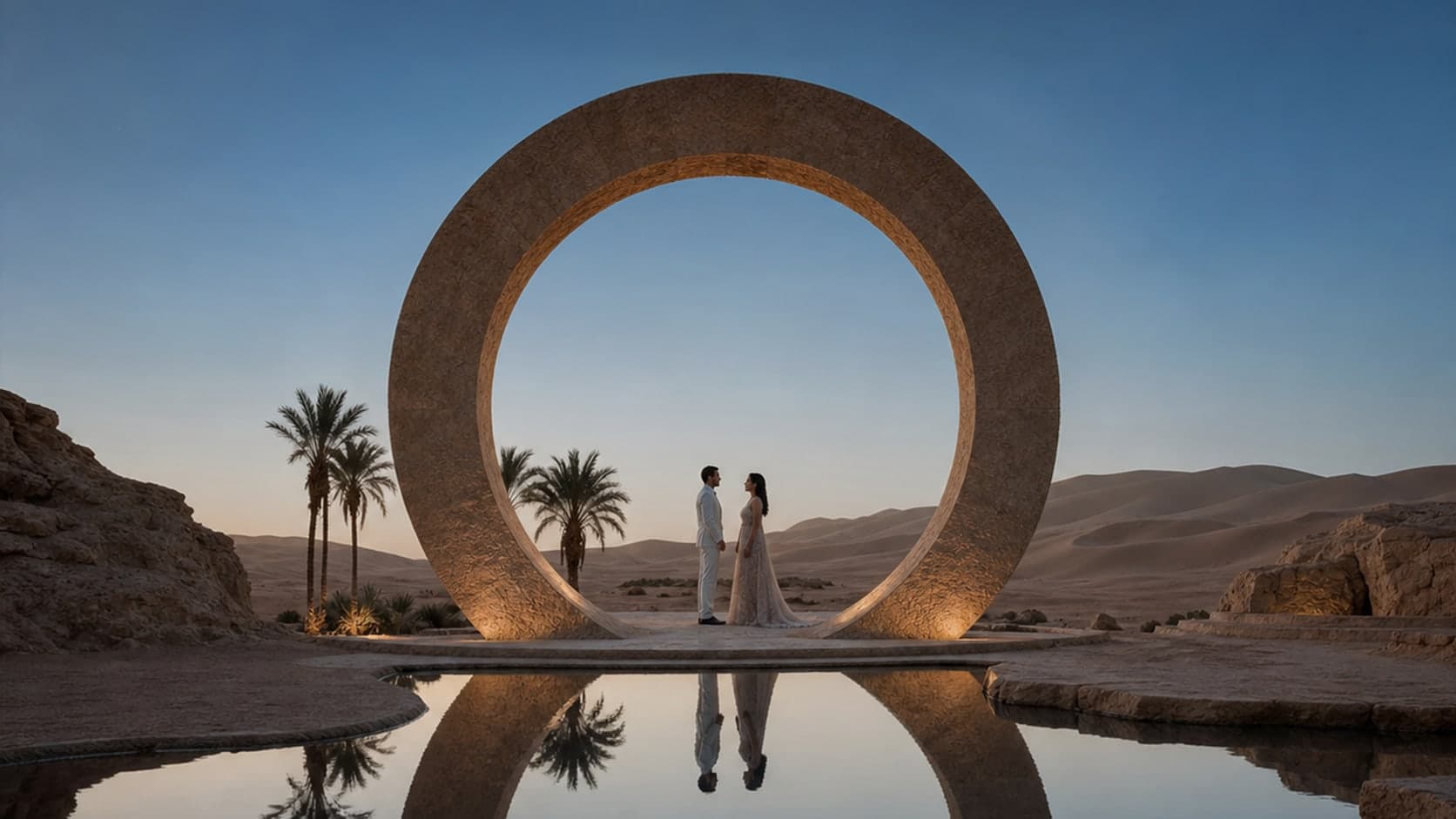 A couple beneath a monumental circular desert sculpture at dusk