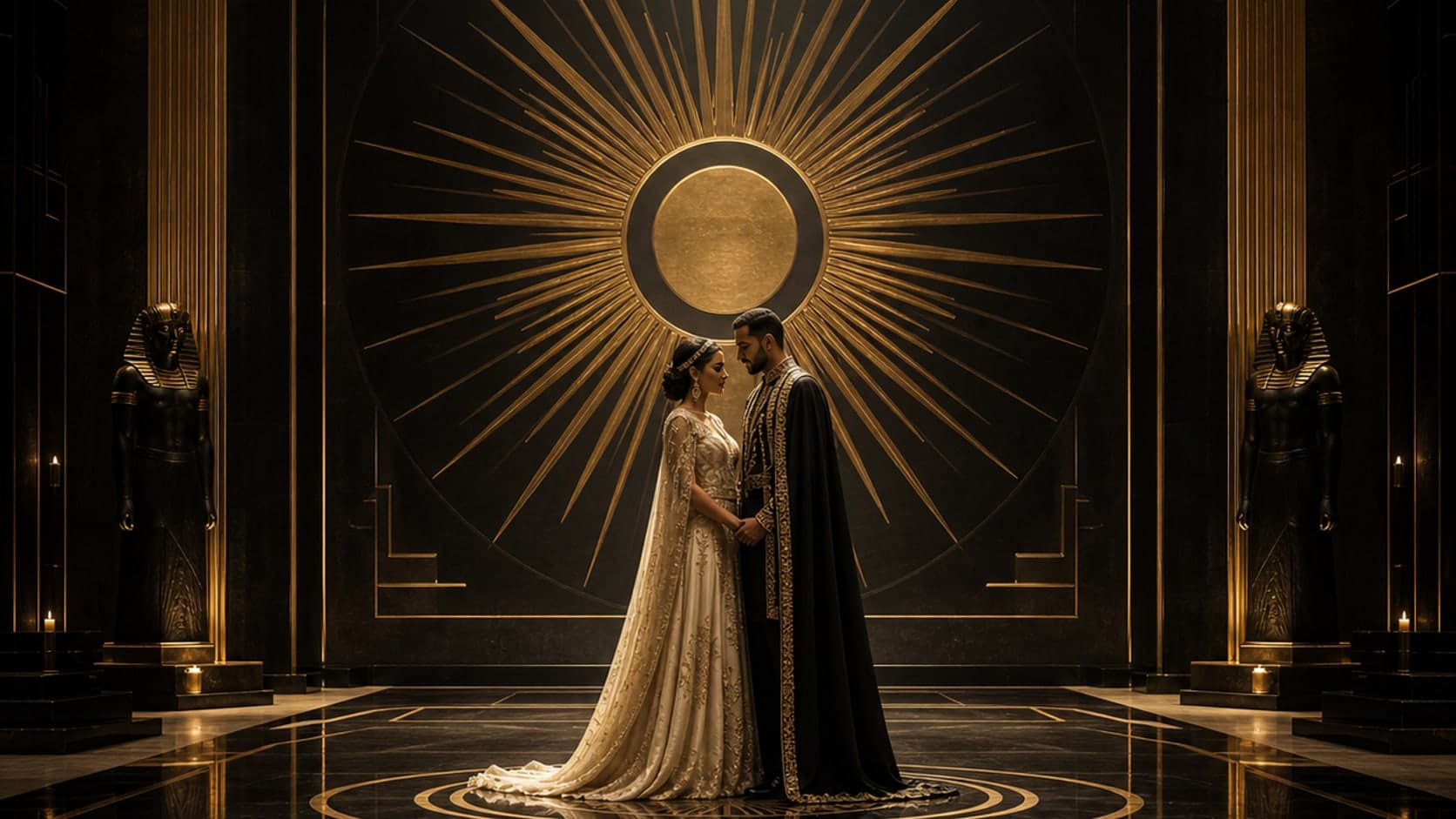 A black and gold ballroom beneath an Egyptian sun-disc motif