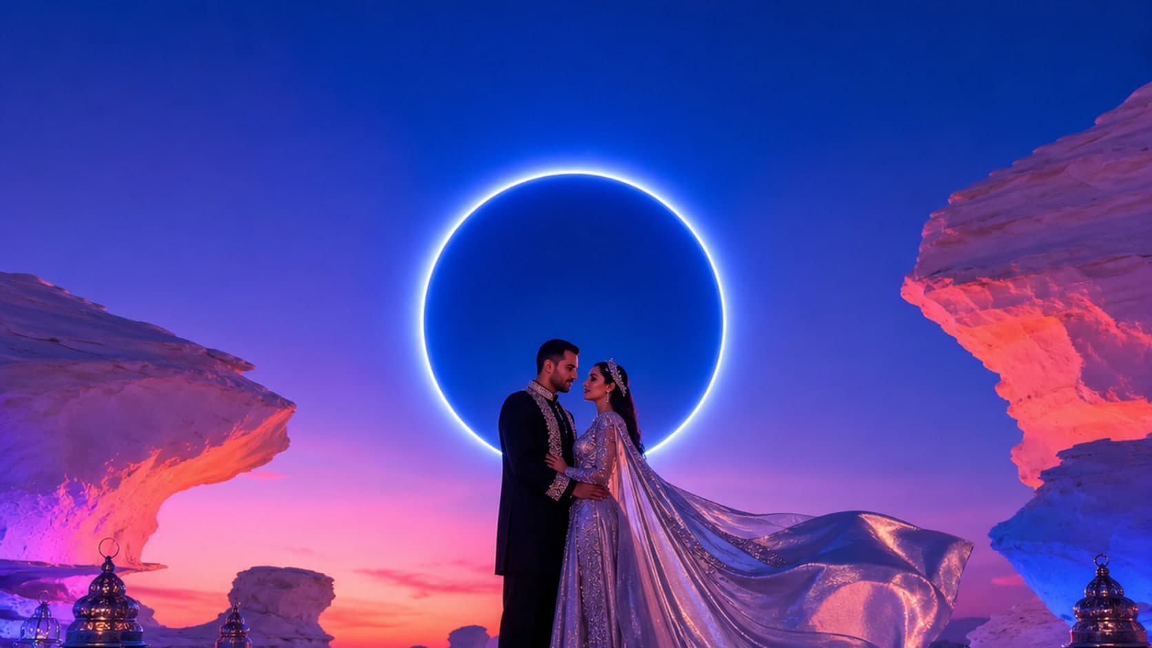 A cobalt and fuchsia eclipse above a White Desert celebration