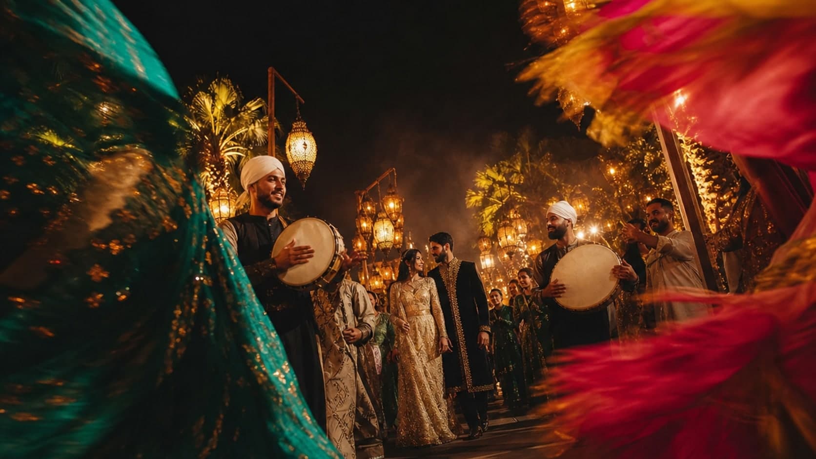 An energetic Egyptian zaffa beneath emerald and saffron lanterns