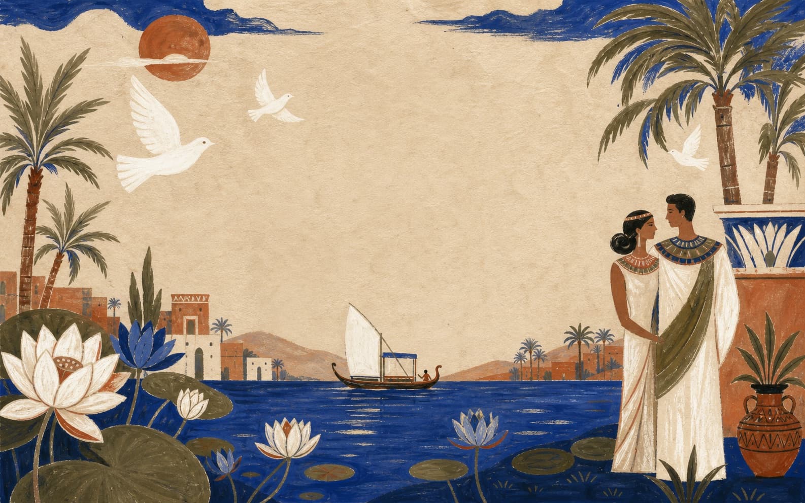 Painted Egyptian lotus flowers and a celebratory lakeside procession