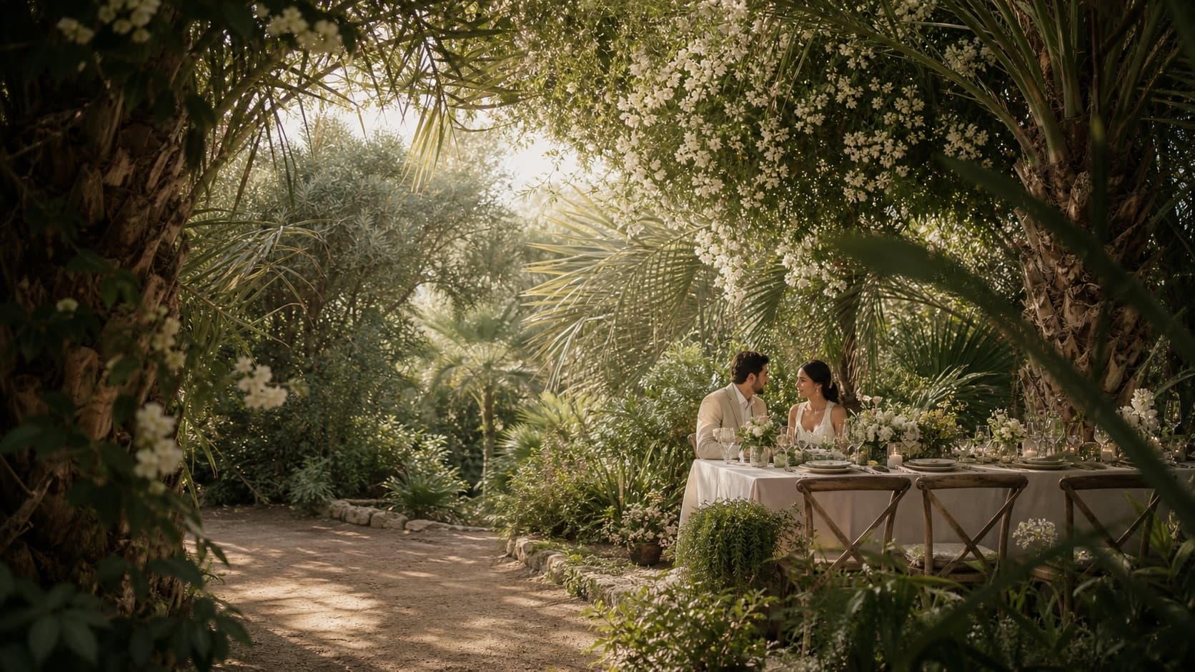 An intimate table beneath palms and jasmine