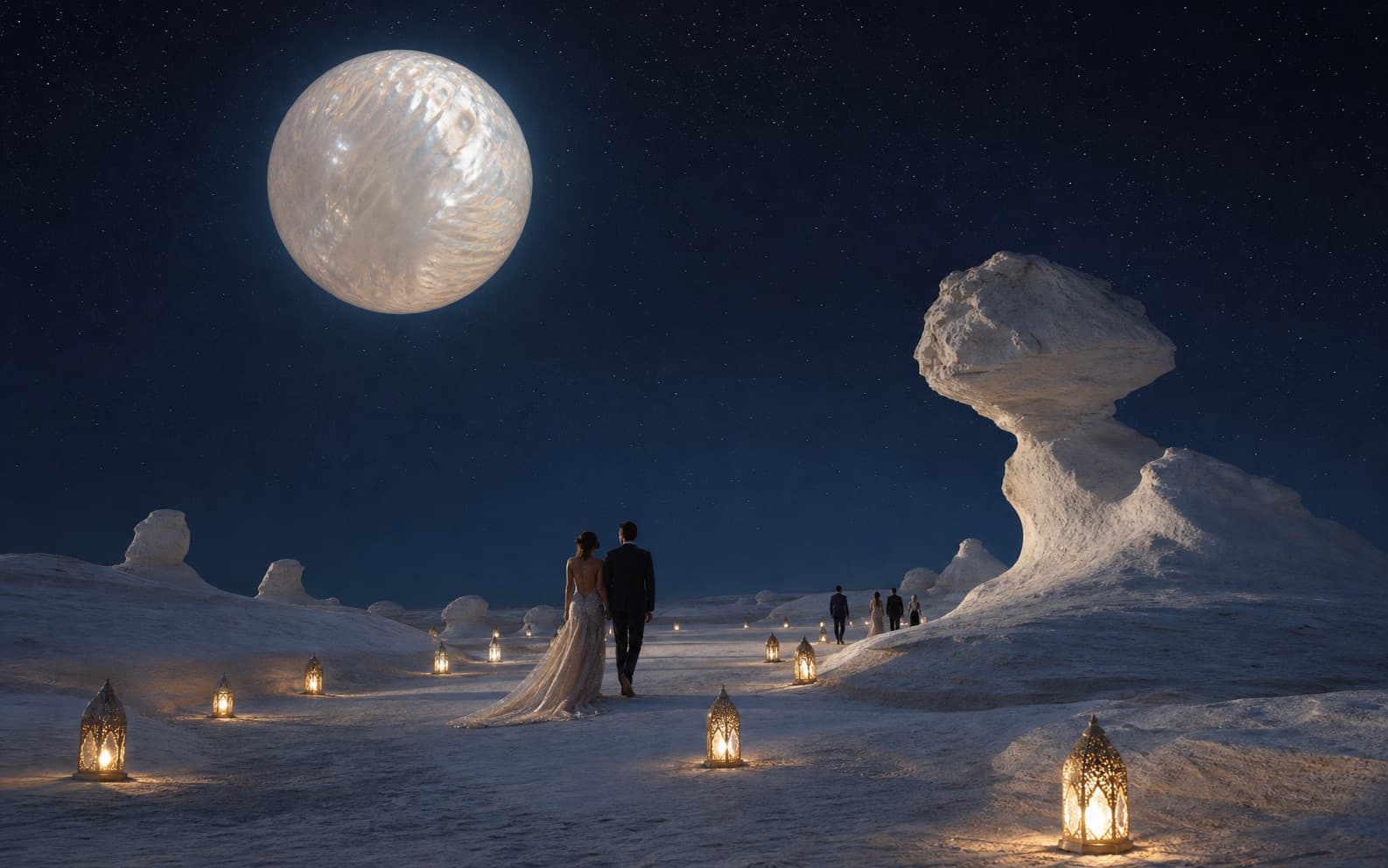 A lantern-lit wedding procession in the White Desert beneath a giant pearl moon