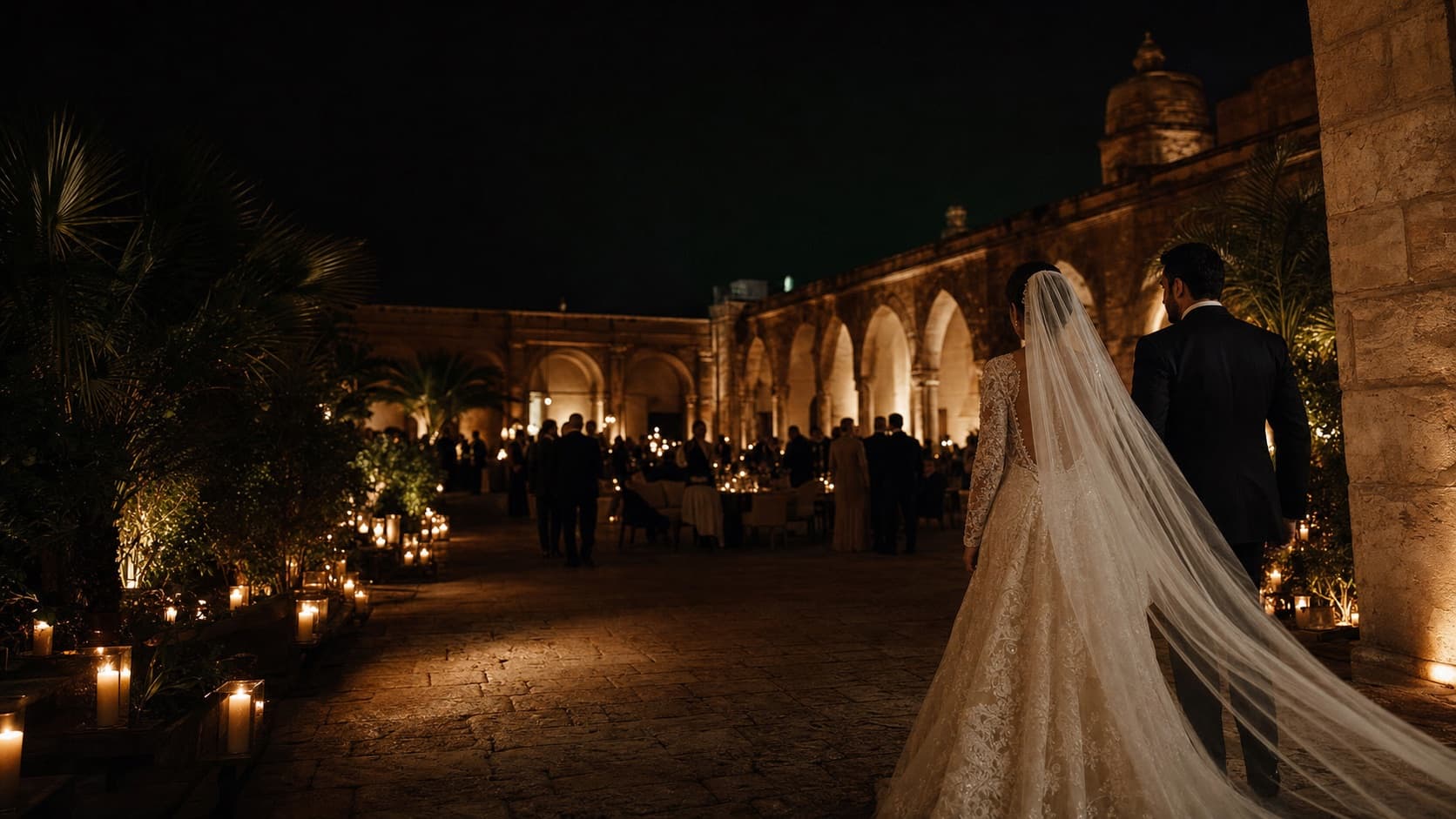An elegant couple arriving at their candlelit wedding courtyard